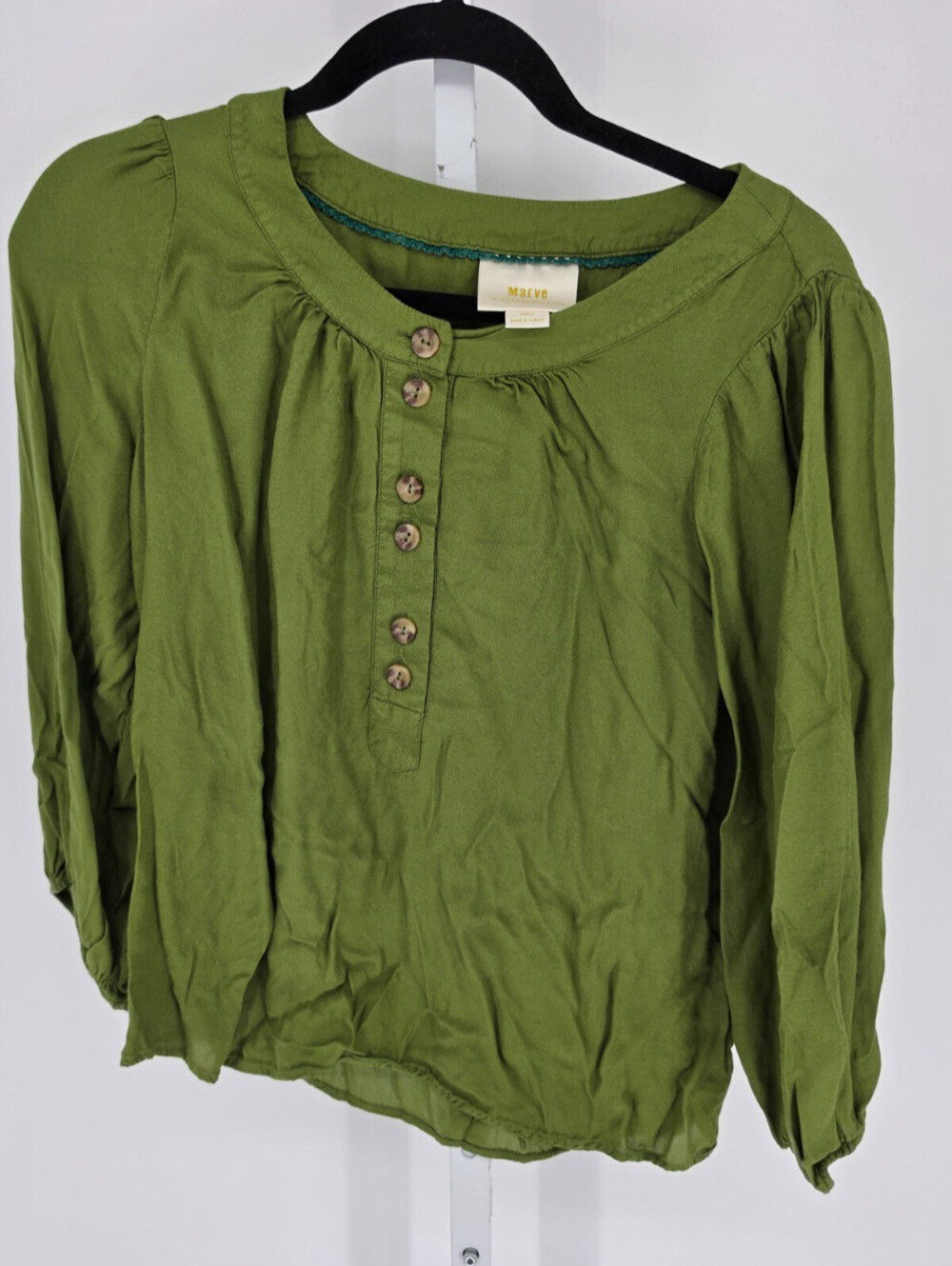 Maeve by Anthropologie Kalas Henley Blouse Womens Size S Green Flowy Button Top